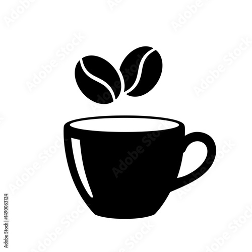 Black coffee cup with two coffee beans floating above it on a white background in a simple illustration