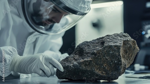 Fototapeta Naklejka Na Ścianę i Meble -  Focused scientist examines a space rock sample in a laboratory.