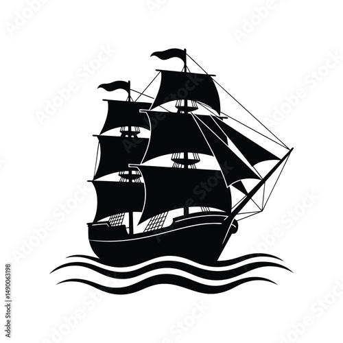 Black Silhouette of Sailing Ship, Ocean Waves, Nautical Vintage Vessel