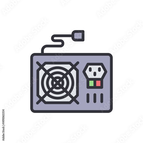 Stylized Computer Power Supply Unit With Cooling Fan And Cable