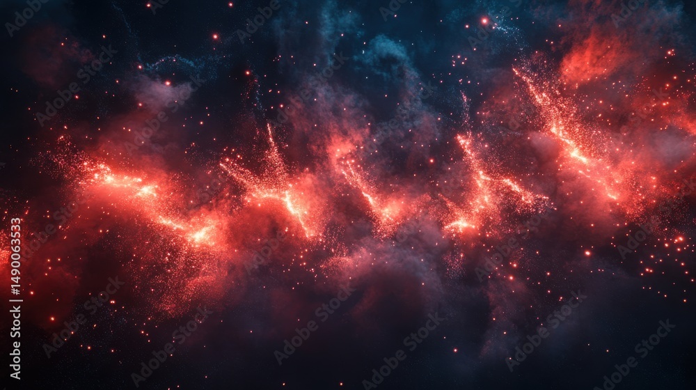 Abstract Cosmic Fireworks Red and Orange Bursts Against Dark Nebula Abstract Cosmic Fireworks Red and Orange Bursts Against Dark Nebula