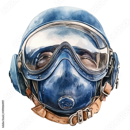 Open Cockpit Biplane Helmet, watercolor drawing vector, high quality, isolated on a white background.