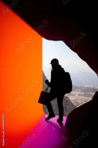 Silhouette of a person standing in a colorful abstract space with