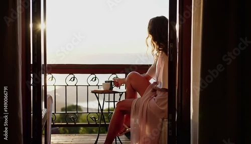 Serene Balcony Moments: A woman enjoys a tranquil moment of contemplation on a scenic balcony, the morning sunlight gently illuminating the space.