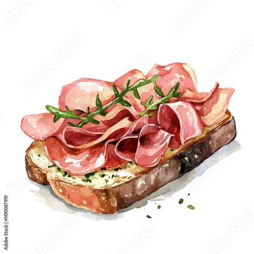 Open-faced Sandwich With Cured Meats, watercolor painting vector, high quality, isolated on a white background.
