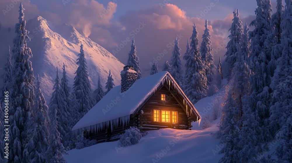 Fototapeta premium Snowy winter mountain landscape with a lone wooden cabin nestled among cold trees