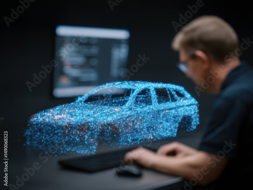 Person working computer with holographic digital car model made of blue and red particles, dark room with monitor displaying