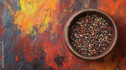 Colorful quinoa seeds in wooden bowl on artistic background red top food diet view life dark black