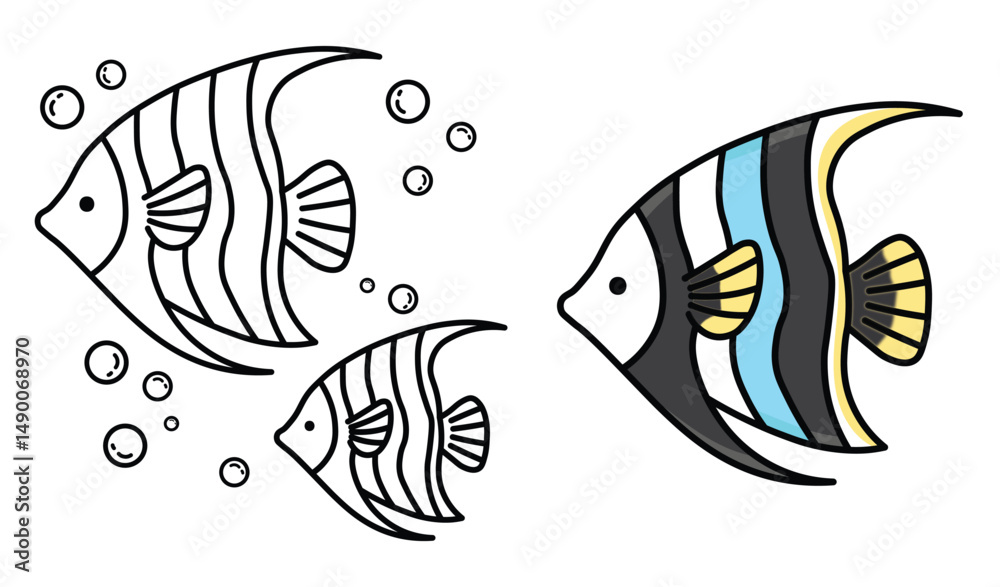 Naklejka premium Fish, Ocean Scene, Bold and Easy Designs for Relaxation with Sea Life, Ocean life, undersea life, Vector illustration, hand-drawn, flat design illustration, Bold Easy Coloring Pages,