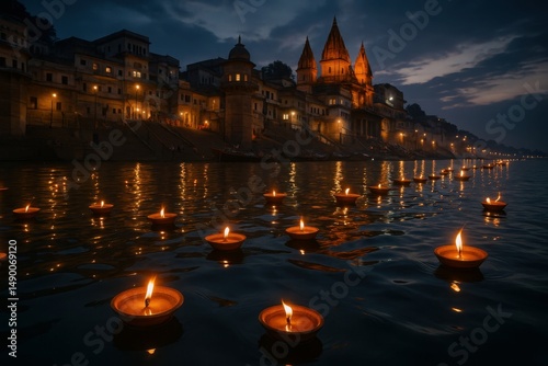 Floating diya lamps at night for ganga dussehra.