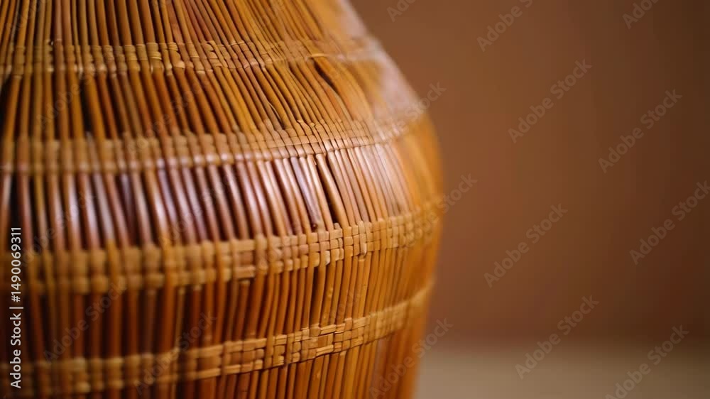 Close-up of a light brown handmade woven wicker vase with a textured surface and a blurred background, providing rustic and earthy feel.