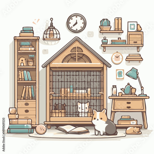 hutch, home, house, animal, wooden, pet, rabbit, background, bunny, wood, brown, farm, isolated, cage, cute, nature, fur, domestic, grass, furniture, livestock, white, illustration, small, vector, arc