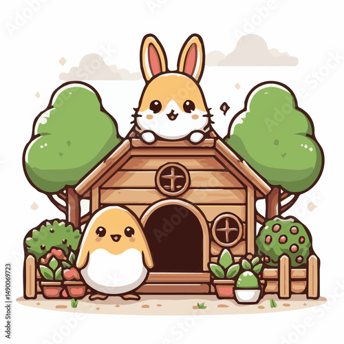 hutch, home, house, animal, wooden, pet, rabbit, background, bunny, wood, brown, farm, isolated, cage, cute, nature, fur, domestic, grass, furniture, livestock, white, illustration, small, vector, arc