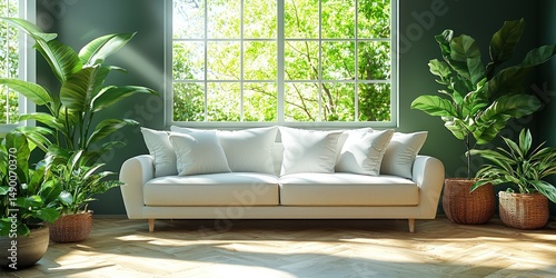 Sunlit living room with white sofa and lush green plants, creating a serene and relaxing atmosphere