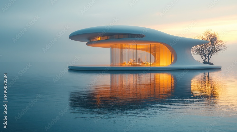 Fototapeta premium Modern, floating house on calm water at dawn