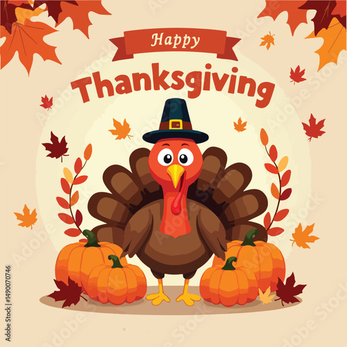 Cute Thanksgiving Turkey with Pie and Autumn Leaves Illustration Celebrating Thanksgiving Vibes and Festivities Free Vector