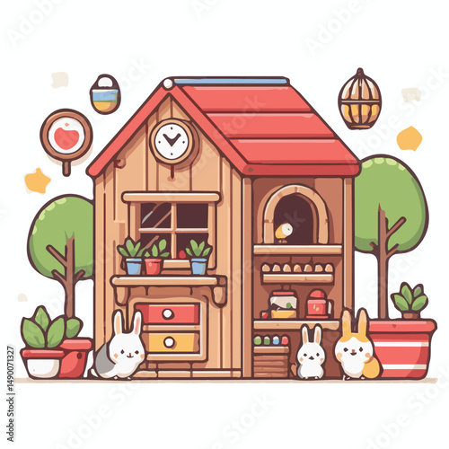 hutch, home, house, animal, wooden, pet, rabbit, background, bunny, wood, brown, farm, isolated, cage, cute, nature, fur, domestic, grass, furniture, livestock, white, illustration, small, vector, arc