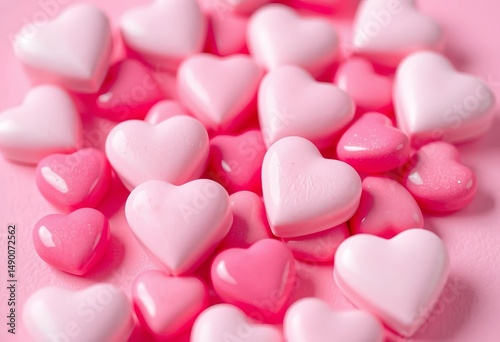 Close-up of pink heart-shaped candies and sweets on a pink background , celebration, sweetness
