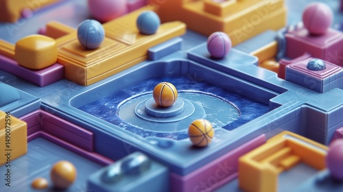 Abstract 3D render of colorful geometric shapes and spheres.  A central pool holds a prominent orange sphere photo