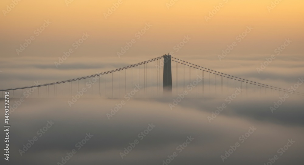 Fototapeta premium Bridge emerging from fog at sunrise