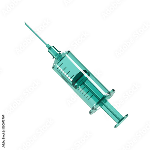 A close-up shot of a transparent teal syringe, showcasing its medical design.3D plastic style isolated on white or transparent background