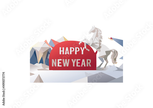 there is a faint sunlight, there is green grass, the forest is behind.  scene with red "happy new year" sign on blue background, with white horse. and isolated in the middle. happy new year happy f