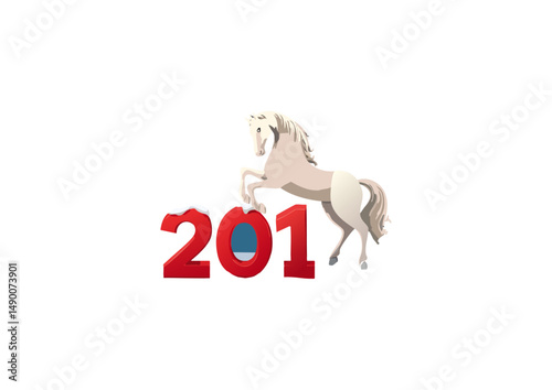 there is a faint sunlight, there is green grass, the forest is behind.  scene with red "happy new year" sign on blue background, with white horse. and isolated in the middle. happy new year happy f