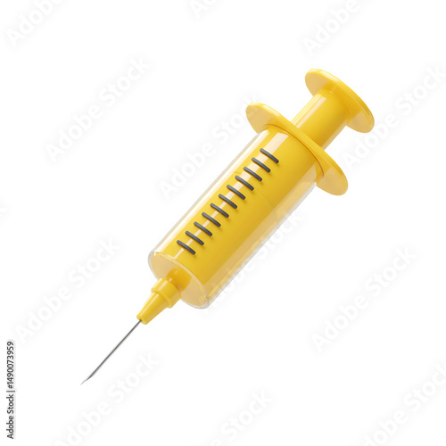 A bright yellow medical syringe is shown  . The image is digitally rendered.3D plastic style isolated on white or transparent background
