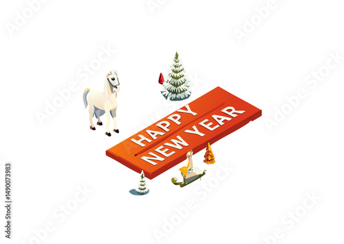 there is a faint sunlight, there is green grass, the forest is behind.  scene with red "happy new year" sign on blue background, with white horse. and isolated in the middle. happy new year happy f