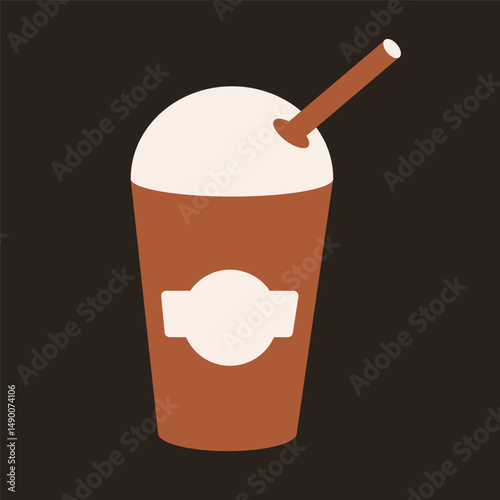 Iced frappe coffee in takeaway cup with whipped cream and straw. Flat vector illustration on dark background.