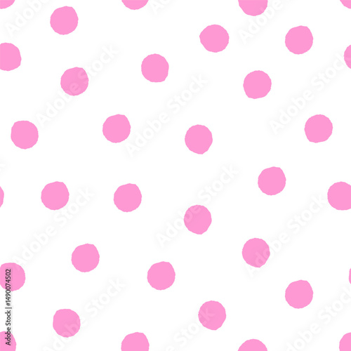 Seamless polka dot pattern with uneven pink dots on white background. Flat vector illustration with hand-drawn texture.
