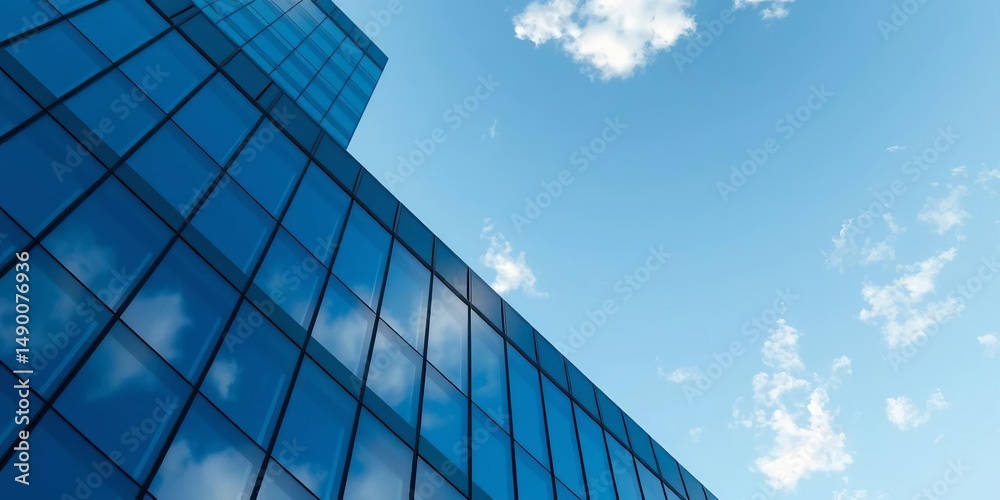 Obraz premium Azure sky mirrored in sleek glass office tower facade, steel, clean