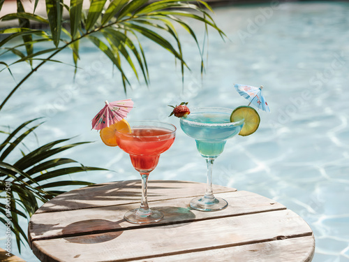 Colorful Tropical Cocktails Served by the Poolside in a Relaxing Setting