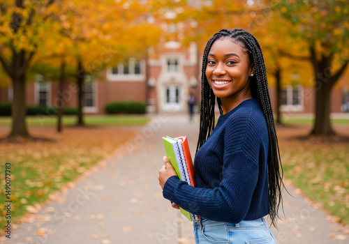 Happy Black Female College Student Walking Campus Autumn
