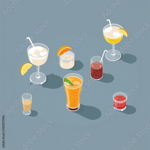 Various cocktails and drinks in glasses on a blue surface with