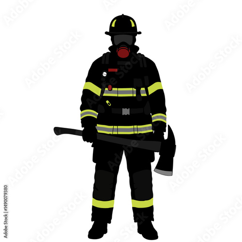 A firefighter in full gear standing with an axe against a white background in a vector drawing