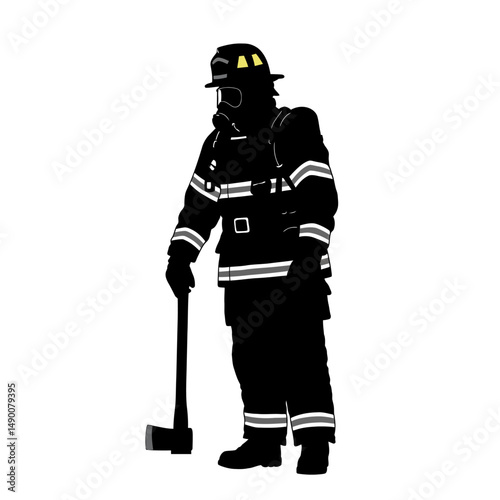 Silhouette of firefighter in full gear holding an axe against a plain white background image view