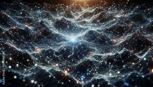 Abstract Digital Network: A mesmerizing digital network illustration of interconnected points, lines, and particles. Depicting the complexity and interconnectedness of modern networks.