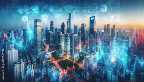 Cyber Cityscape: High-angle view captures a modern cityscape with glowing digital elements, symbolizing technological advancement, data flow, and urban connectivity. 