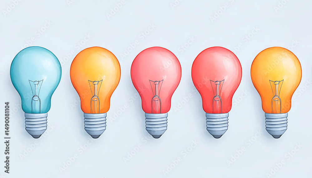 Colorful lightbulb row on pastel background Colorful lightbulb row on pastel background