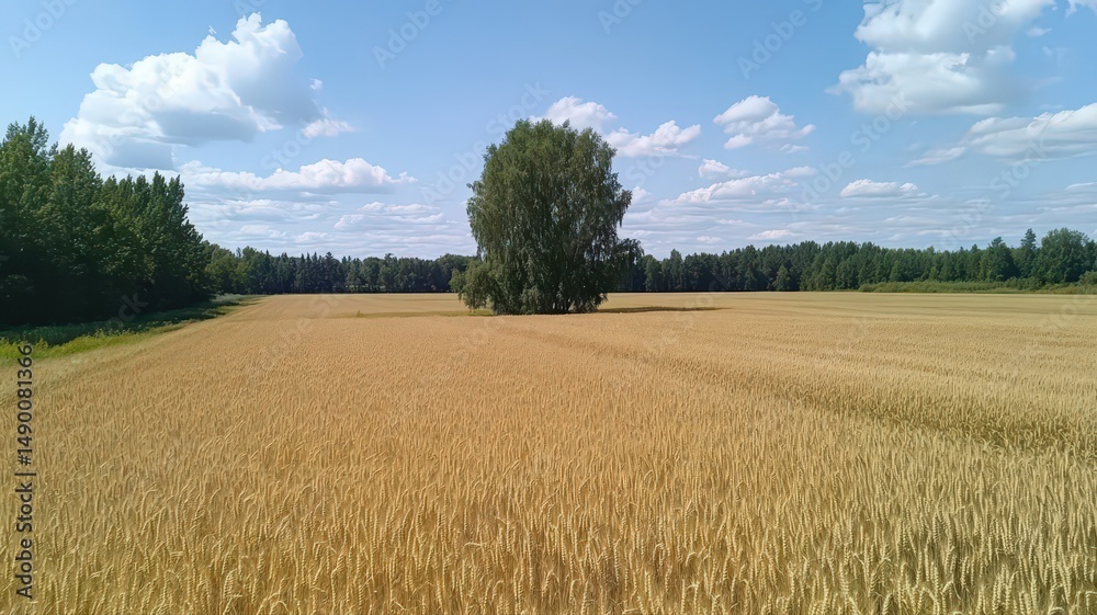 Obraz premium Single Tree at the Center of a Golden Wheat Field Under a Bright Blue Sky with Fluffy Clouds