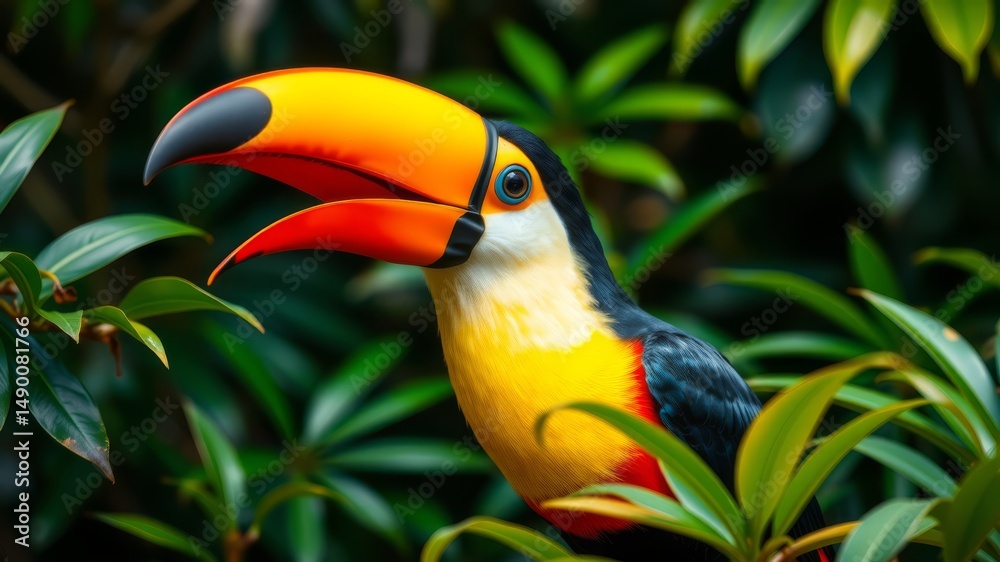 Fototapeta premium A vibrant toucan with a large orange beak perches amongst lush green tropical foliage in a dense jungle setting.