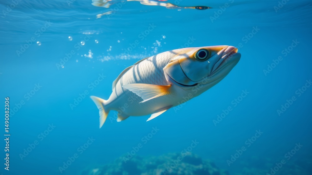 Naklejka premium A vibrant striped fish swims gracefully underwater in a clear blue ocean scene exhibiting detailed scales and fins.