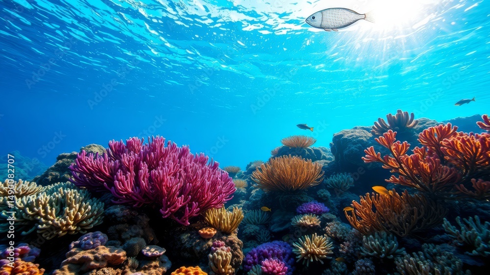 Naklejka premium A vibrant underwater scene showcases a diverse coral reef teeming with colorful coral and small fish swimming peacefully in the clear ocean water.