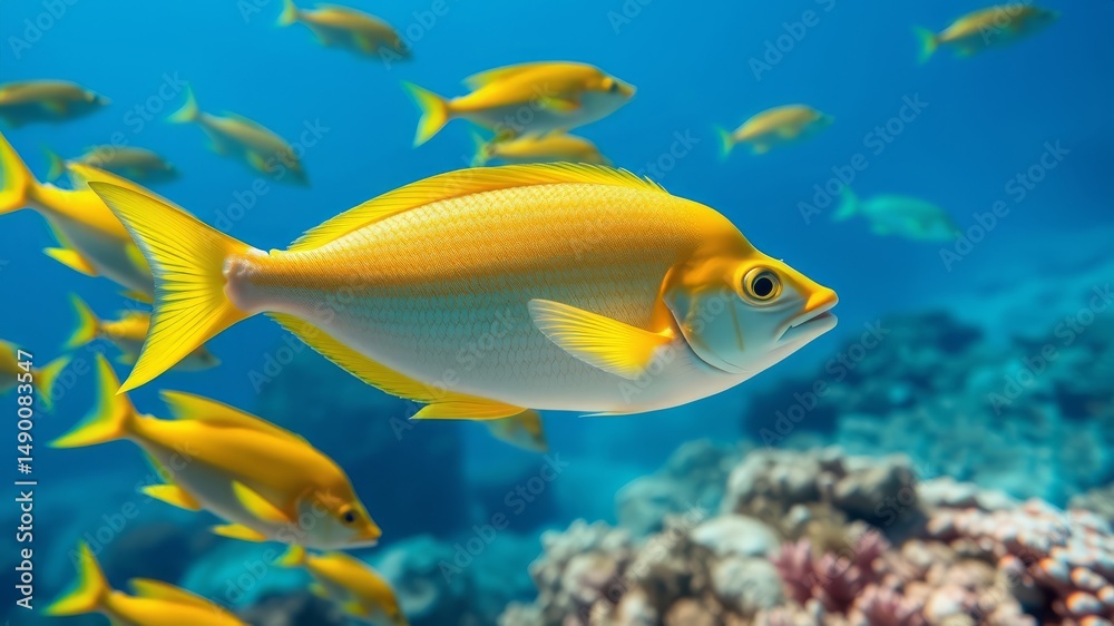 Naklejka premium A vibrant yellow fish swims in a school amongst coral reef in a clear blue ocean.
