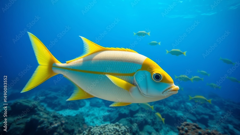 Fototapeta premium A vibrant yellow and white fish swims gracefully in a clear blue ocean surrounded by a school of smaller fish near a coral reef.