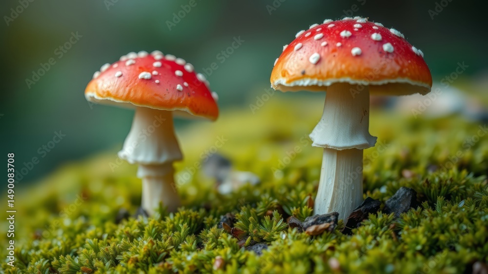 Fototapeta premium Two vibrant red toadstools with white spots emerge from lush green moss in a forest setting showing intricate detail.