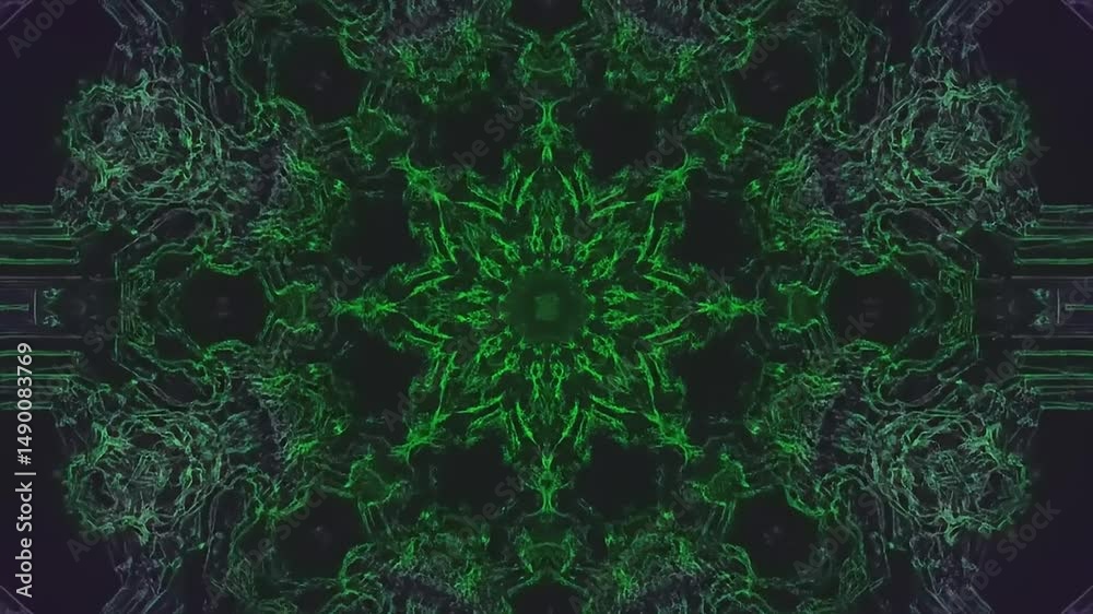 Intricate green and purple kaleidoscopic pattern showcasing organic shapes and vibrant colors