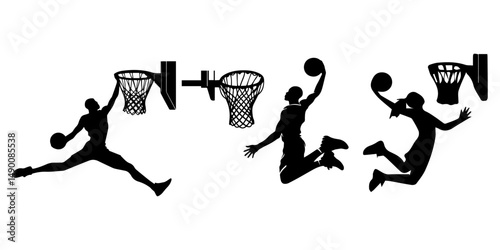 Set of male and female basketball. silhouette of a male and female basketball player slam dunk, scoring the ball to the net, background
