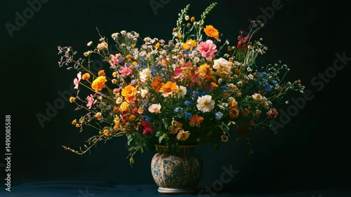 A vase filled with a colorful bouquet of flowers. The flowers are arranged in a way that creates a sense of harmony and balance. The vase itself is a beautiful piece of art, with its intricate design
